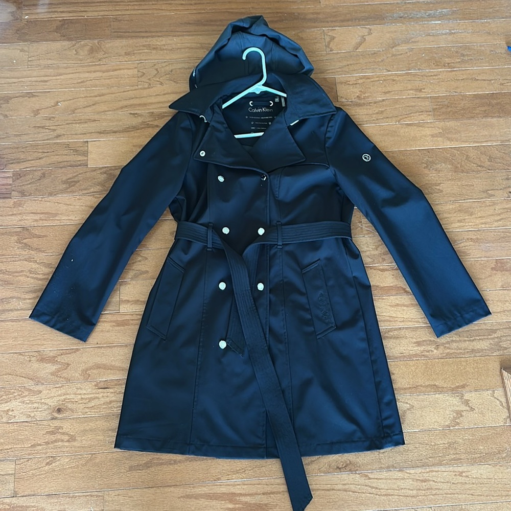 Calvin Klein Black Trench Coat with Hood